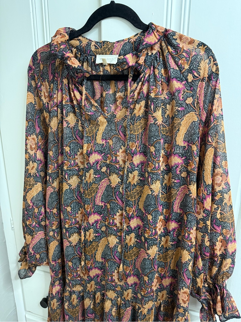 MELLODAY Paisley Floral Long Sleeve Tiered Midi Dress in Mustard, Pink & Navy - Picture 3 of 6